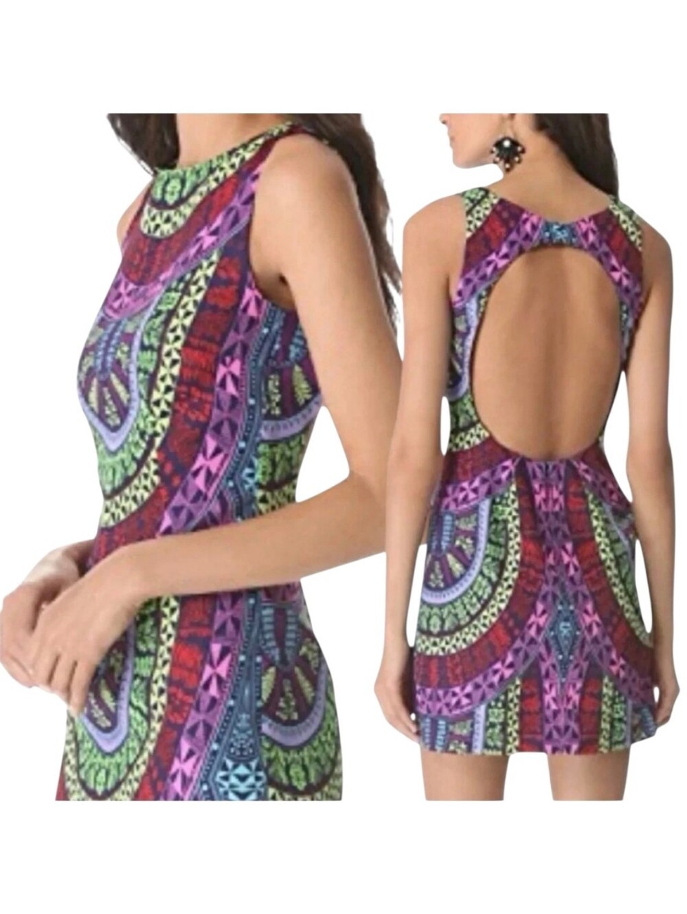 Mara Hoffman Geometric Aztec Tribal Print Open Back Sz 10 Sheath Mini Dress